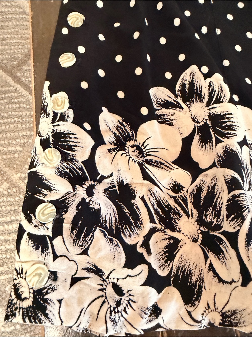Anthropologie Black Polka Dot Wide-Leg Pants with Cream Floral Border - Picture 3 of 10